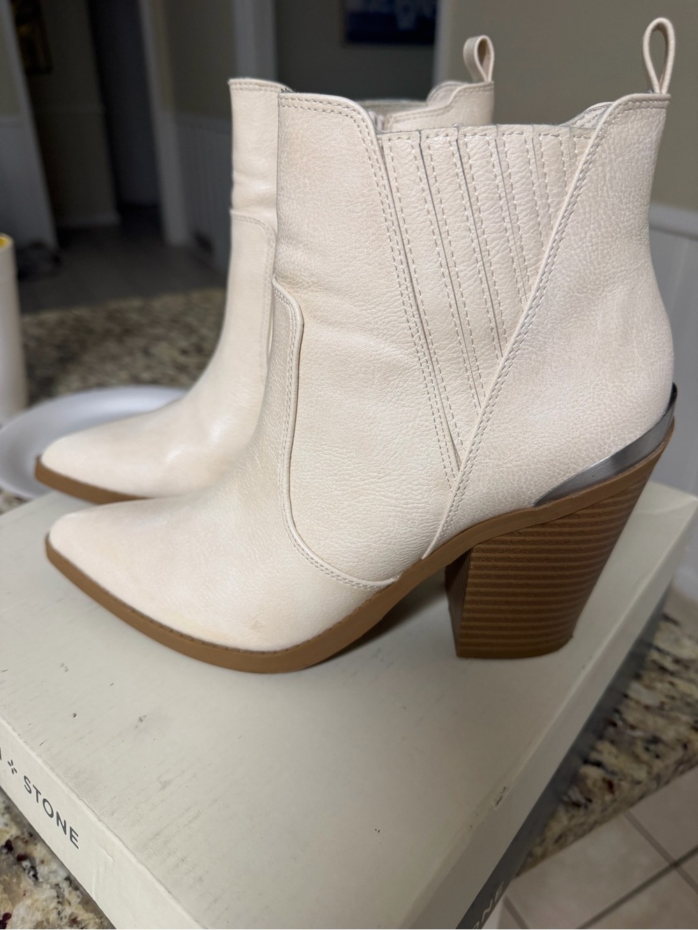 Sun + Stone Cream Pointed Western Ankle Booties